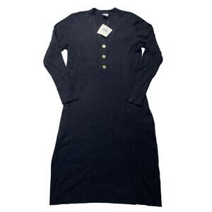 NWT Anne Klein Black Ribbed Midi Dress Sz Large Long Sleeves Neutral Feminine